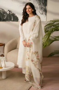 TEGA 3PC Un stitched Lawn Embroidered Shirt with Printed Slub Net Dupatta - RF1069