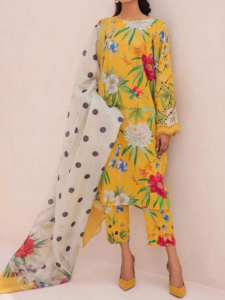 TEGA S695- EMBROIDERED 3PC CHICKEN LAWN DRESS WITH PRINTED SILK DUPATTA.  