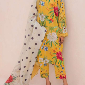 TEGA S695- EMBROIDERED 3PC CHICKEN LAWN DRESS WITH PRINTED SILK DUPATTA.