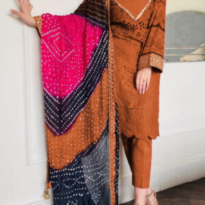 TEGA S689-EMBROIDERED 3PC CHICKEN LAWN DRESS WITH PRINTED MUNAR DUPATTA.