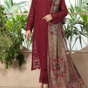 DETAILS: UNSTITCHED 3PC (SIZE 7.5-METER APPROX) EMBROIDERED CHIKANFRONT & SLEEVES PLAIN DYED BACK & TROUSER PRINTED MUNAR DUPATTA. DELIVERY IN 3/4 DAYS HIGH-QUALITY REPLICA SUIT