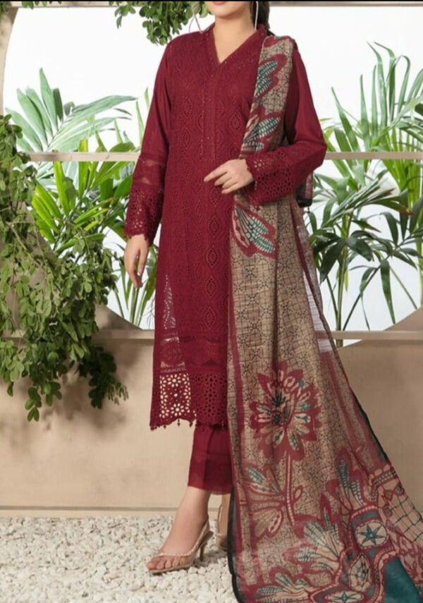 DETAILS: UNSTITCHED 3PC (SIZE 7.5-METER APPROX) EMBROIDERED CHIKANFRONT & SLEEVES PLAIN DYED BACK & TROUSER PRINTED MUNAR DUPATTA. DELIVERY IN 3/4 DAYS HIGH-QUALITY REPLICA SUIT